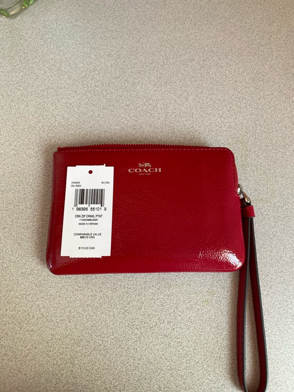 Coach Corner Zip Crinkle Red Patent Leather Wristlet - Picture 5 of 8